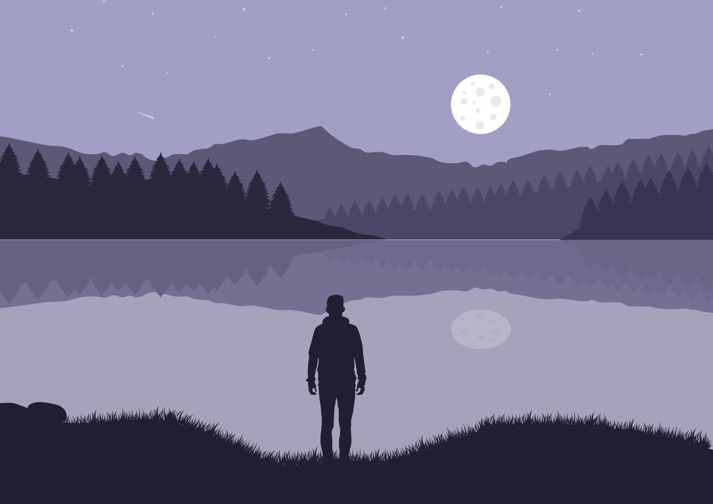 silueta de un hombre de pie junto al lago por la noche. ilustración vectorial vector
