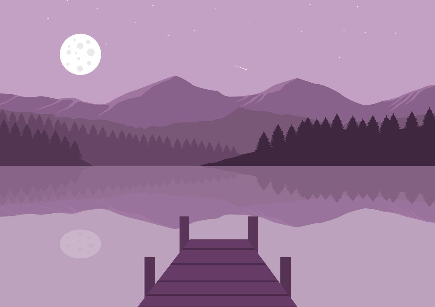 Wooden pier on the lake with mountains and full moon at night. Vector illustration