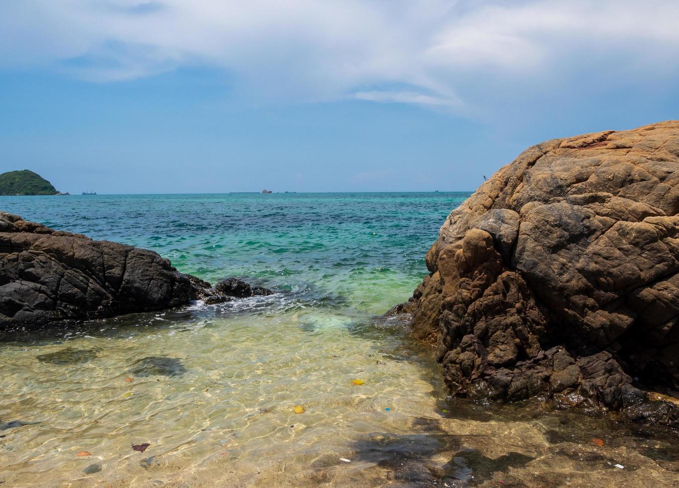 Landscape summer view  tropical sea beach rock blue sky white sand background calm Nature ocean Beautiful wave crash splashing water travel Nang Ram Beach East thailand Chonburi Exotic horizon. photo