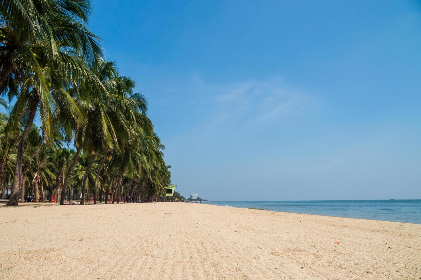 paisaje verano panorama vista frontal tropical palmeras y cocoteros mar playa azul blanco arena cielo fondo tranquilo naturaleza océano hermoso ola agua viaje bangsaen playa este tailandia chonburi foto