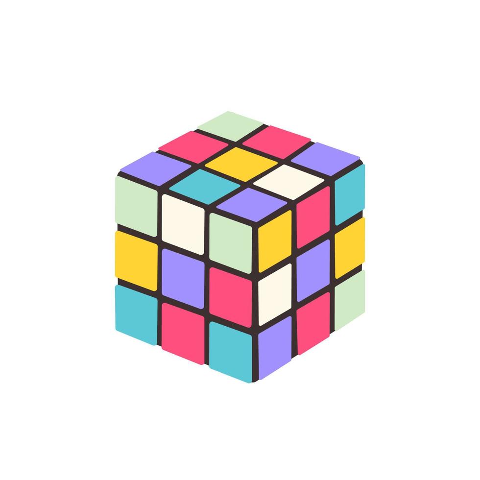 Colored cube on a white background. 90s puzzle cube toy. Vector illustration isolated