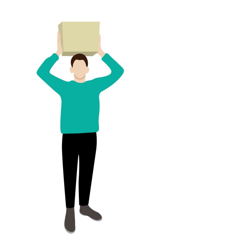 The guy holds a big box with two hands above his head, flat vector, isolated on white, faceless illustration, delivery, moving vector