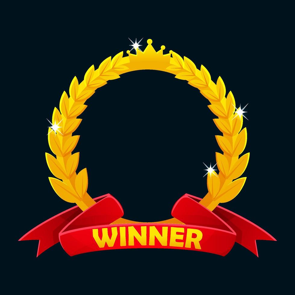 Golden laurel wreath award with red ribbon. Isolated icon for game ui assets vector