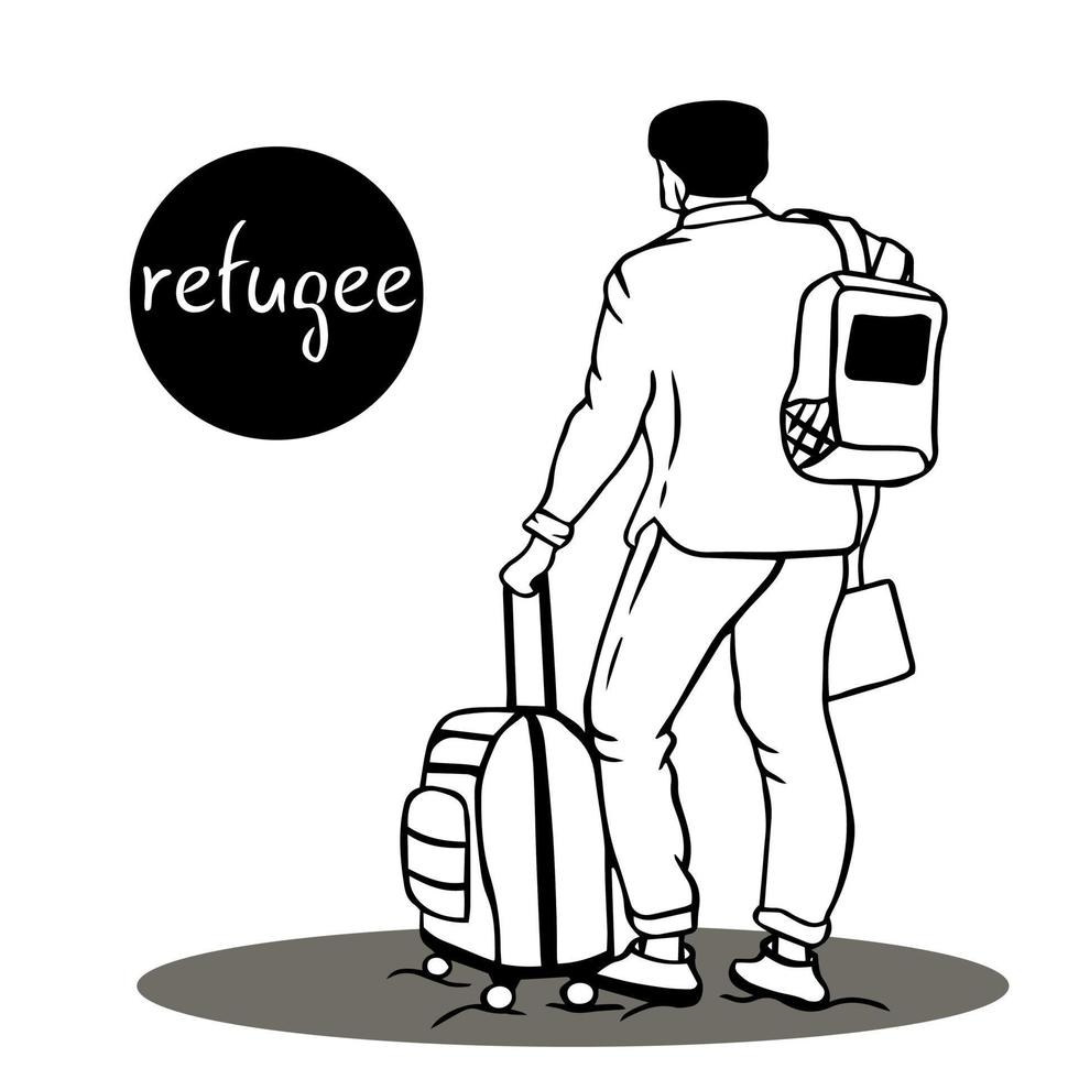 refugee with suitcase on wheels leaves his country. long travel, danger, wander. Refugee Day. families are fleeing from the war across the border to peaceful area. vector