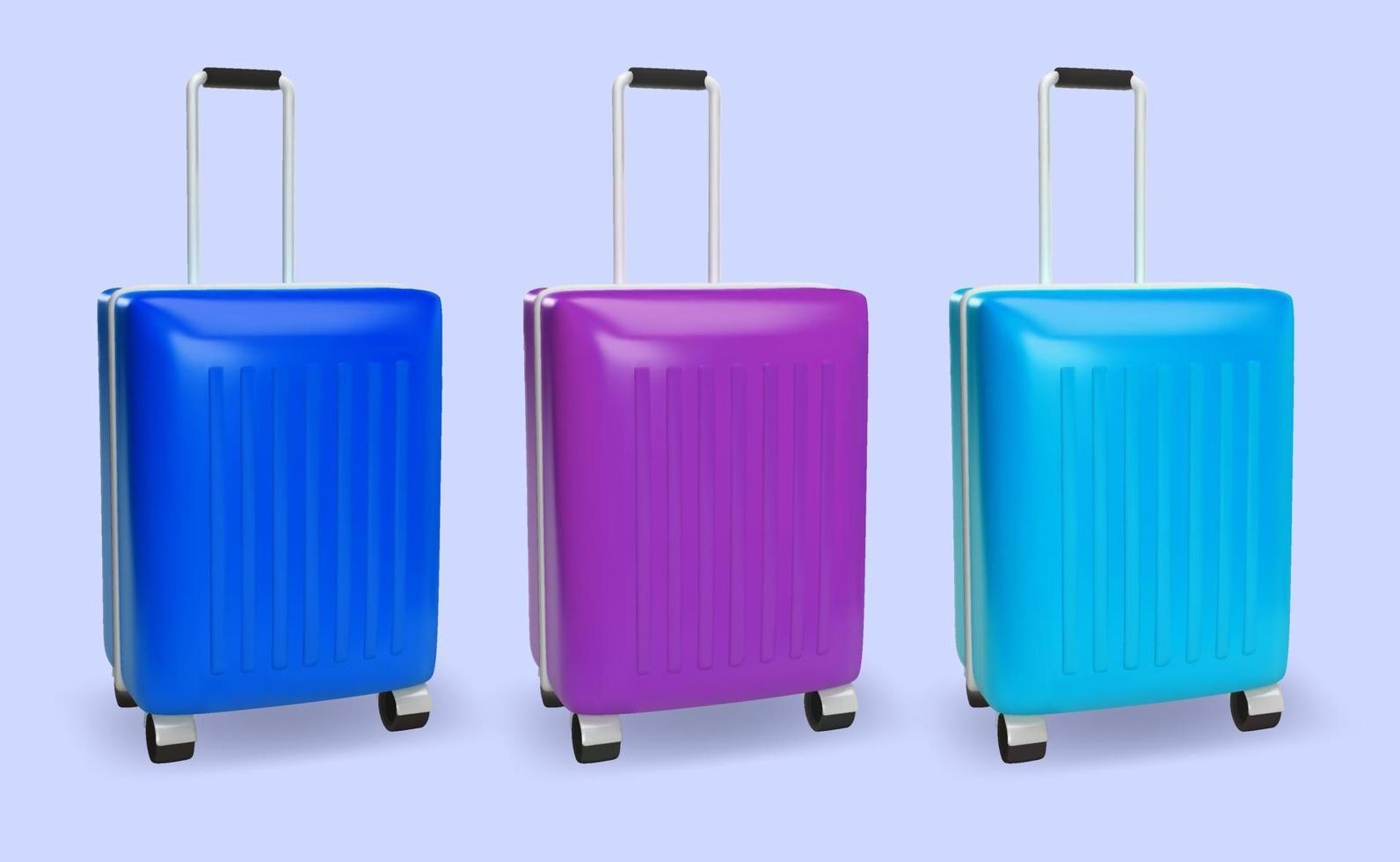 Set of realistic suitcases. Tourism design element. Vector render in plastic cartoon style.