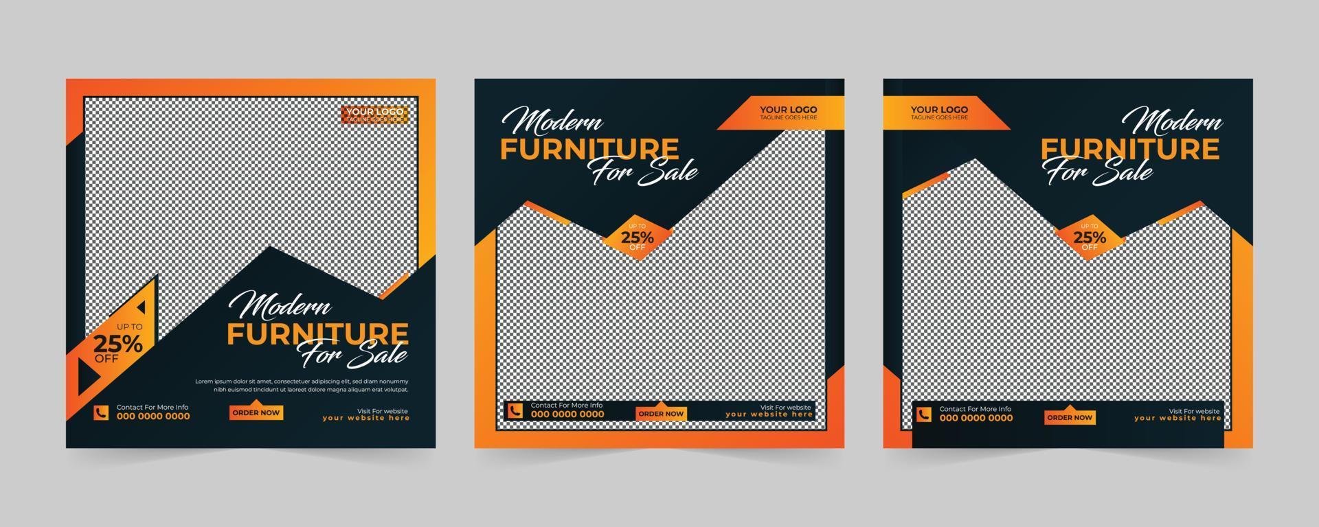 conjunto de cuadrados de publicidad de venta de muebles modernos y banner de descuento de anuncios de promoción para el diseño de plantilla de vector de publicación de redes sociales.