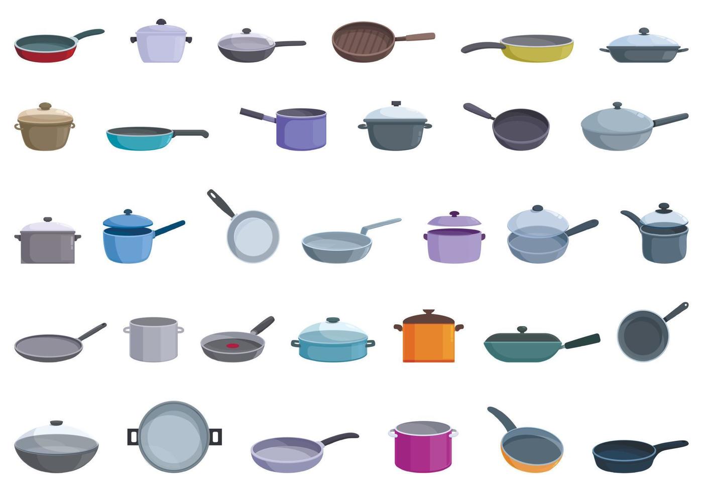 Pan icons set cartoon vector. Saucepan pot vector