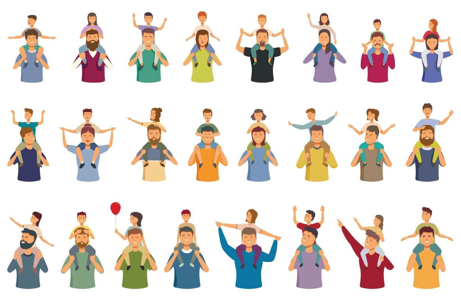 Child on parents shoulders icons set cartoon vector. Children day vector