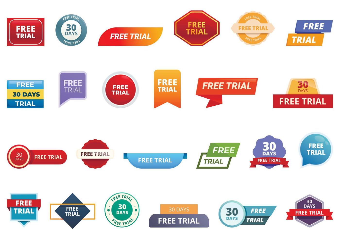 Free with trial icons set cartoon vector. Demo test vector