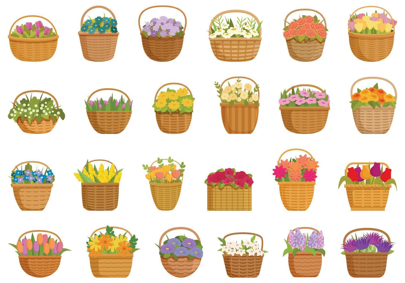 Flower basket icons set cartoon vector. Summer nature vector