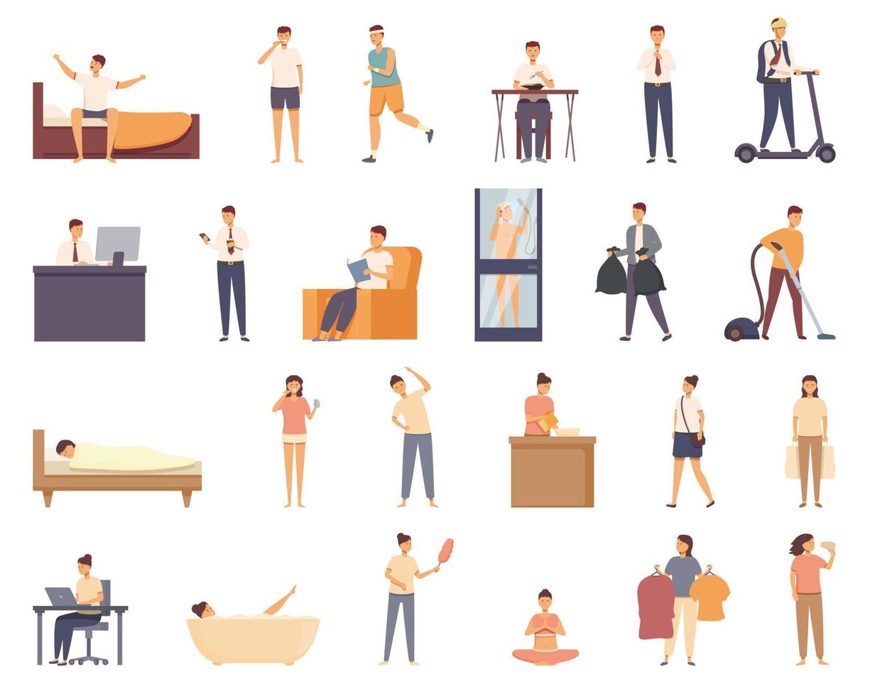 Daily routine icons set cartoon vector. Daily life vector