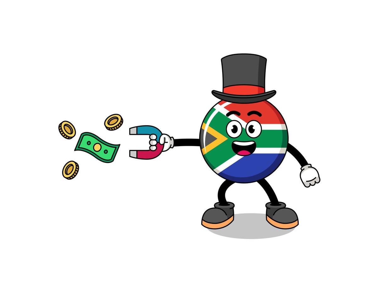 ilustración de personaje de la bandera de sudáfrica atrapando dinero con un imán vector