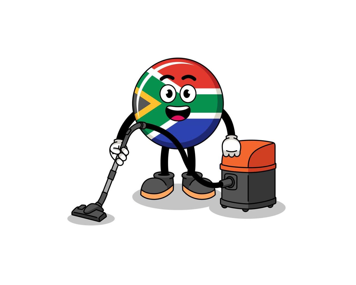 mascota del personaje de la bandera de sudáfrica con aspiradora vector