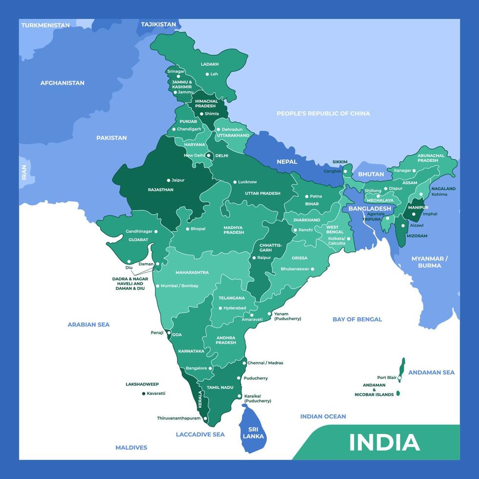 India Geographical Map in Southern Asia Countries vector