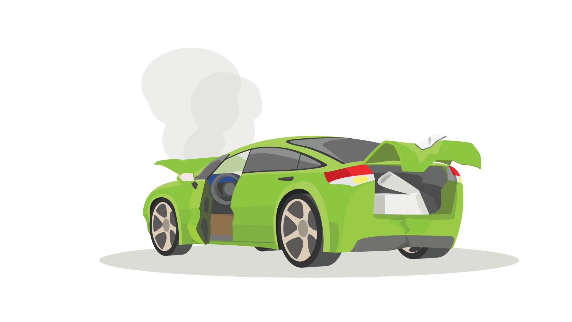 Accident of a passenger car.hood and the trunk lid opens. The rear end