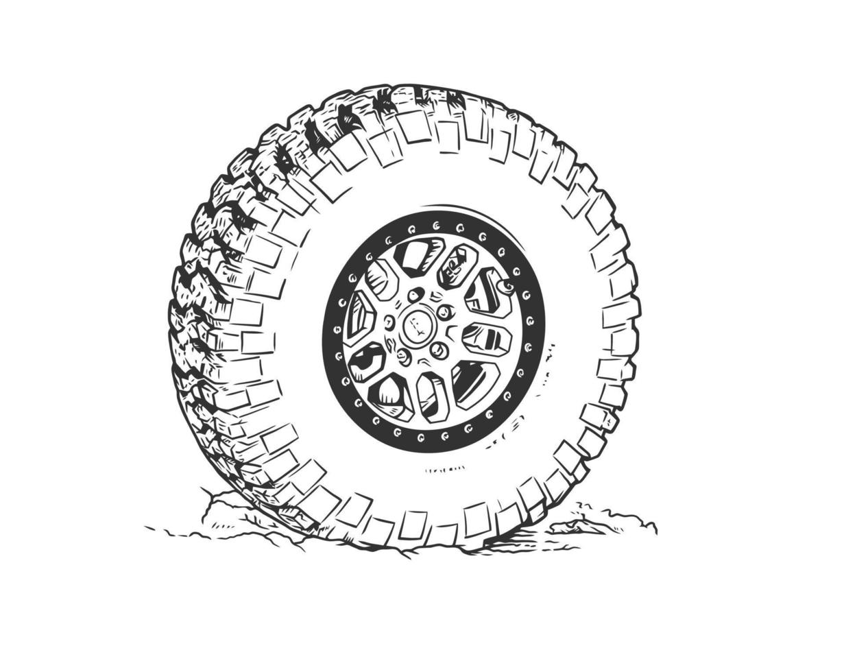 Wheel of the truck. Mud and dirt. Vector line art illustration