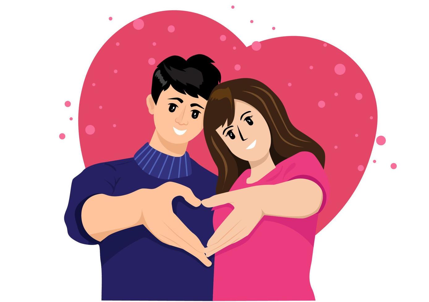 A man and a woman couple who love each other. They draw hearts with each other's hands. Lovers character vector illustration.