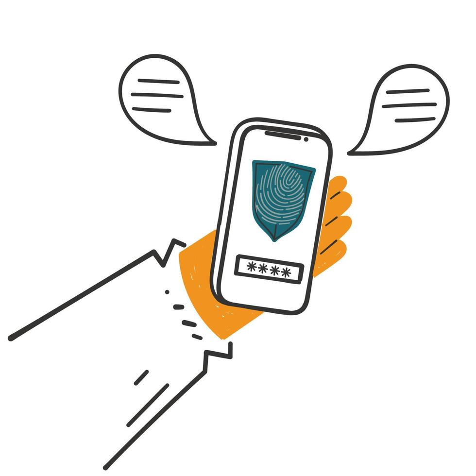dibujado a mano doodle mano sosteniendo teléfono con ilustración de escudo de huella digital vector