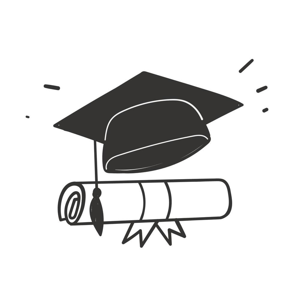 hand drawn doodle Graduation cap and a rolled diploma letter illustration vector