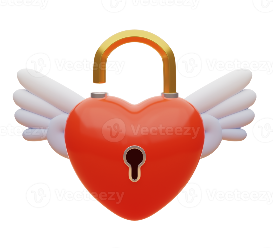 3D rendering. Heart shaped lock with angel wings. Valentine's day. png