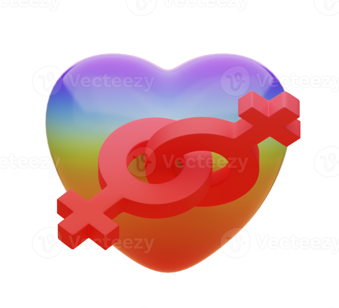 representación 3d símbolo lésbico o símbolo homosexual y corazón arcoiris. png