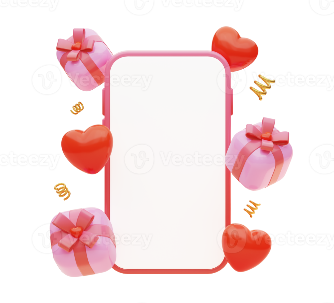 maqueta de teléfono inteligente con muchas cajas de regalo y corazones. visualización de pantalla vacía para su imagen o texto. ilustración de representación 3d. png