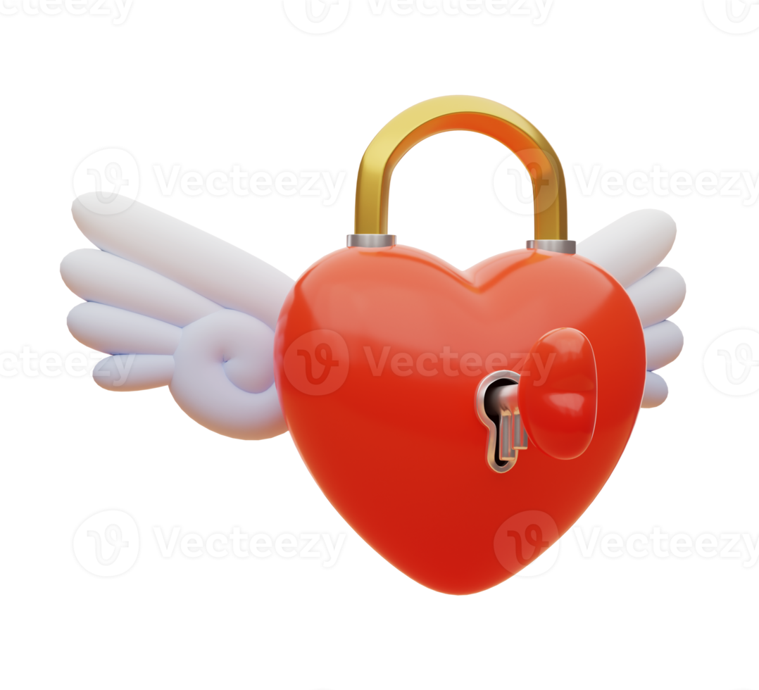 3D rendering. Heart shaped lock and key with angel wings. png