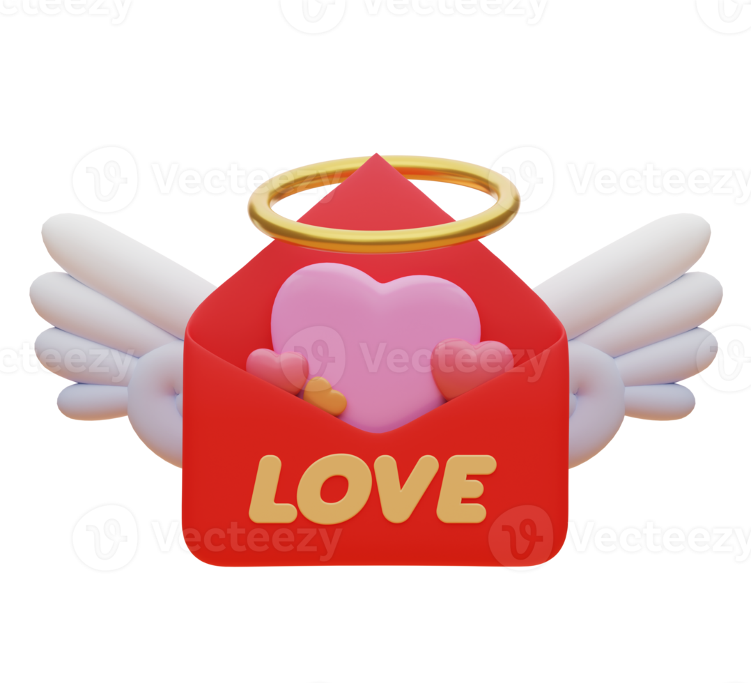 rendu 3d. enveloppe d'amour ou courrier d'amour avec halo d'ange et ailes d'ange. png