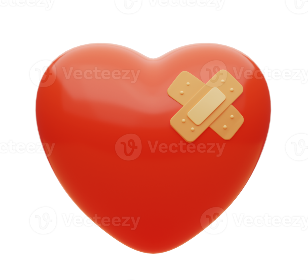 3D rendering. Broken red heart with plaster. Valentine's day. png