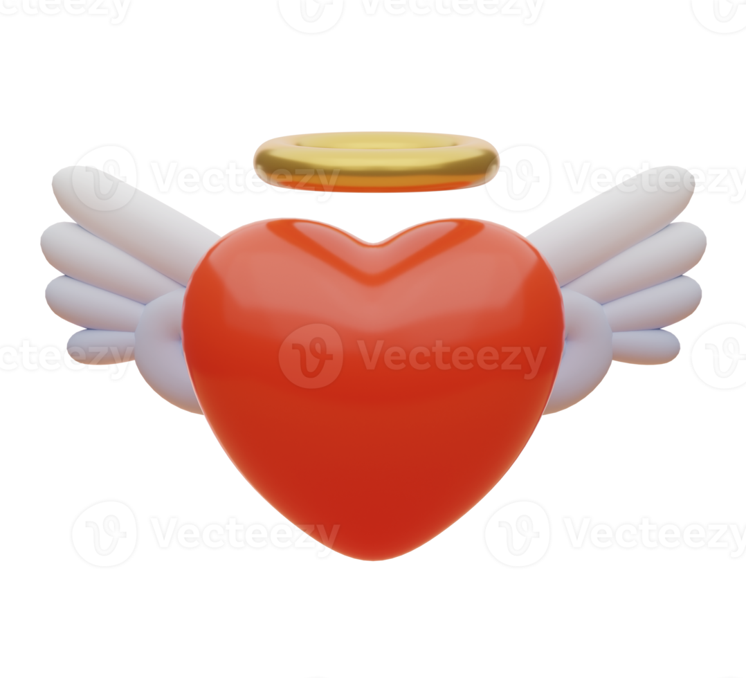 3D rendering. Realistic cute heart with halo angel and angel wing. Valentine's day. png