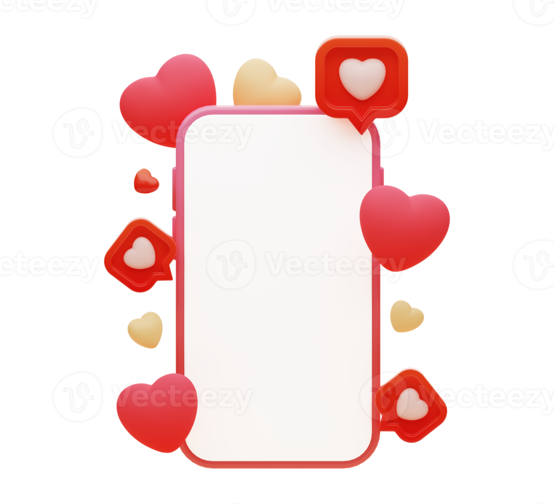 Smartphone mock up with chat box and hearts. Empty screen display for your image or text. Valentine's Day background. 3d rendering illustration. png