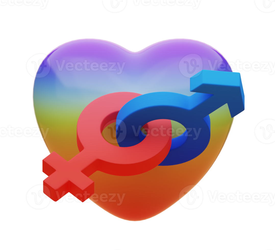 representación 3d símbolo de género y corazón de arco iris. género lgbtq. png