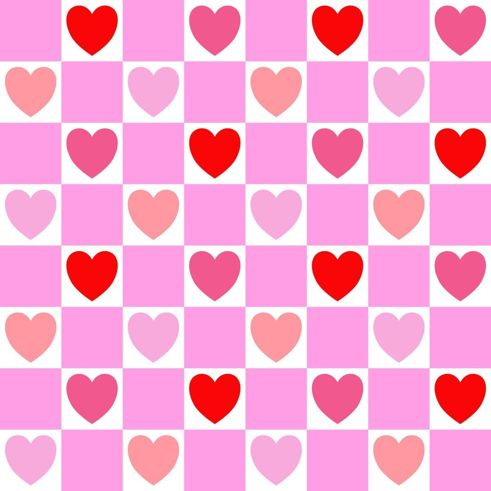Red, orange, pink heart pattern on pink and white checkered background. vector