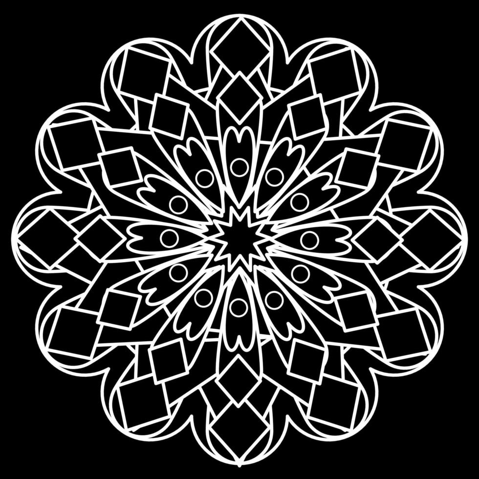 Mandala pattern with white lines on black background, look like a flower or firework. vector