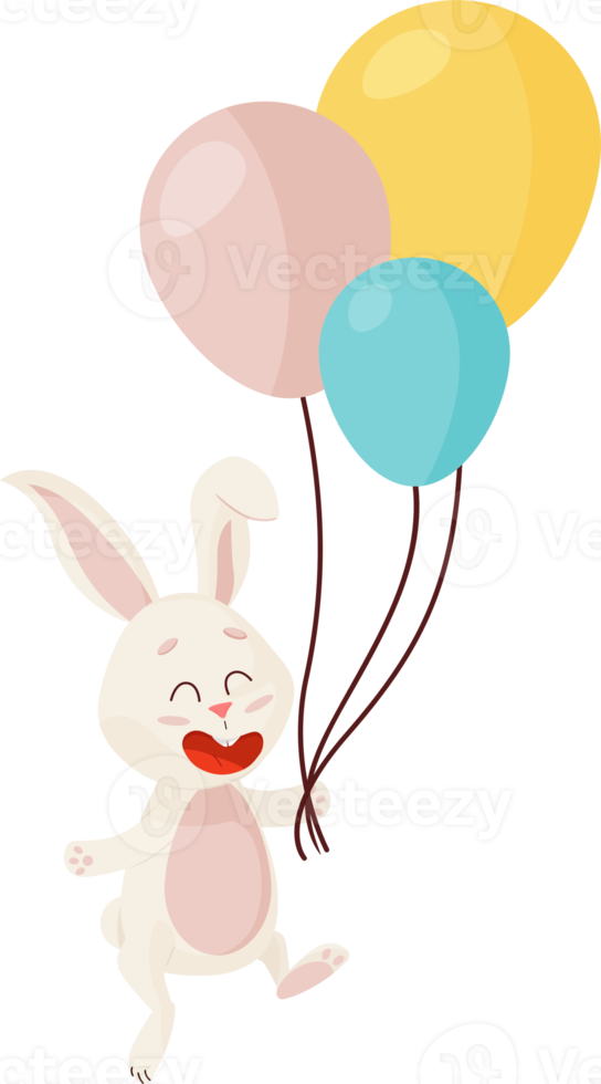 personaje de conejito. saltando y riendo divertido, feliz conejo de dibujos animados de pascua con tres globos. png