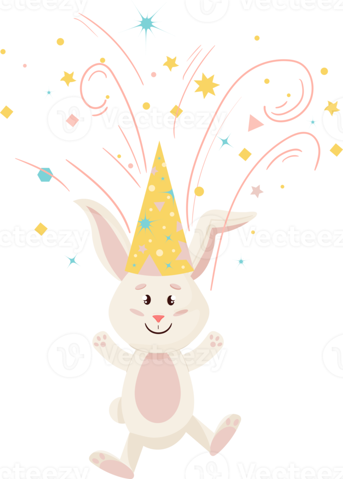 personnage de lapin. sauter et sourire drôle, lapin de dessin animé joyeux anniversaire avec feu d'artifice, png