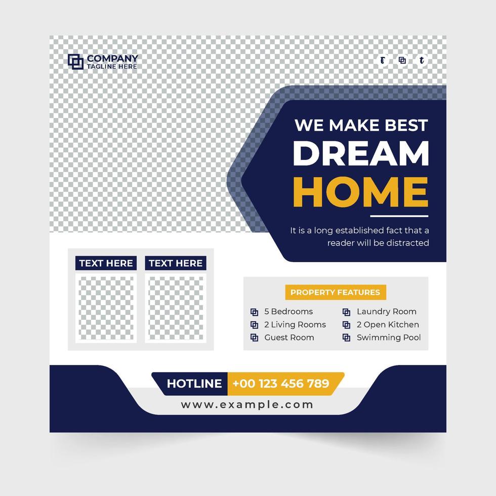 Modern home making business advertisement poster design with photo placeholders. House construction service promotional web banner vector. Home construction real estate social media post template. vector