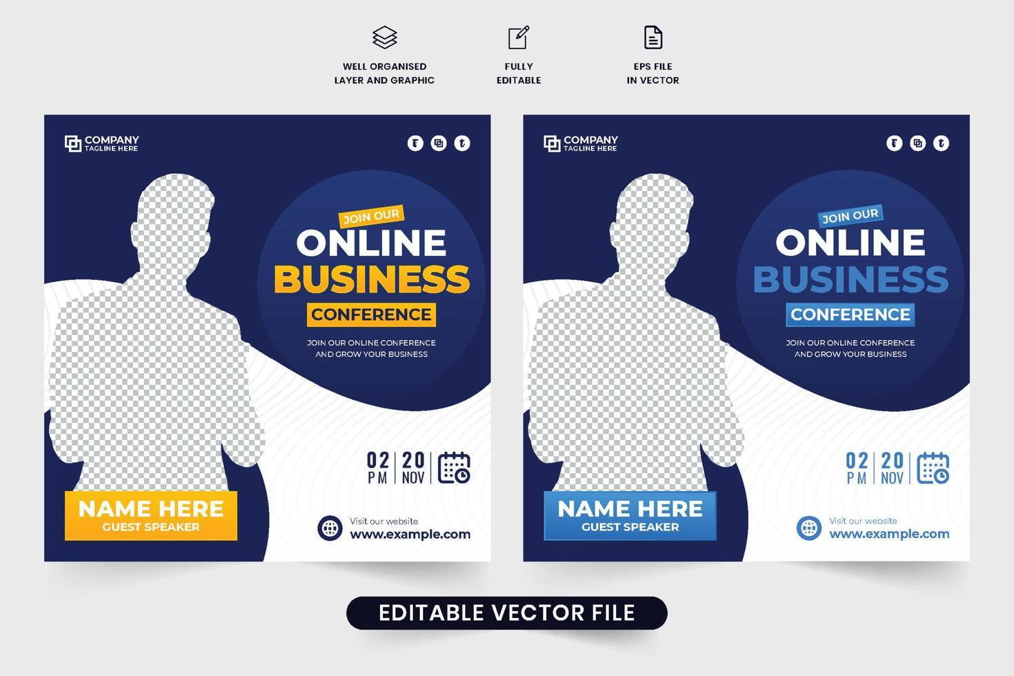 Business influencer and marketing agency webinar template for marketing. Corporate business web conference and advertisement web banner design with yellow and blue colors. Business webinar poster. vector