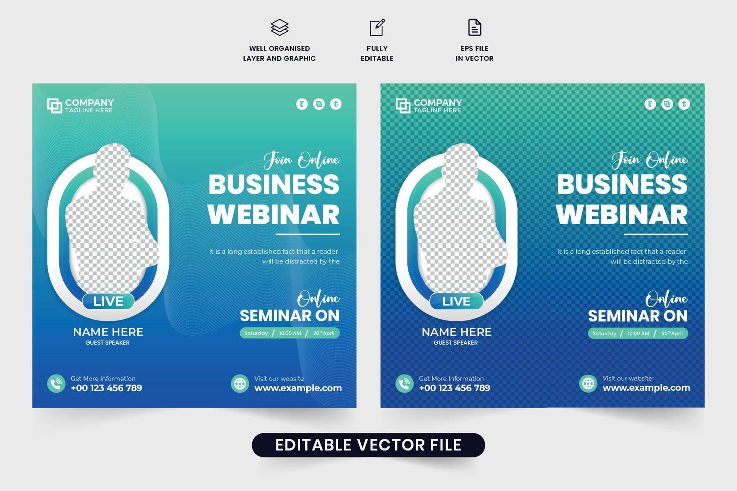 Webinar social media post vector for online seminars and conferences. Modern business advertisement template design with photo placeholders. Creative webinar poster design for social media marketing.