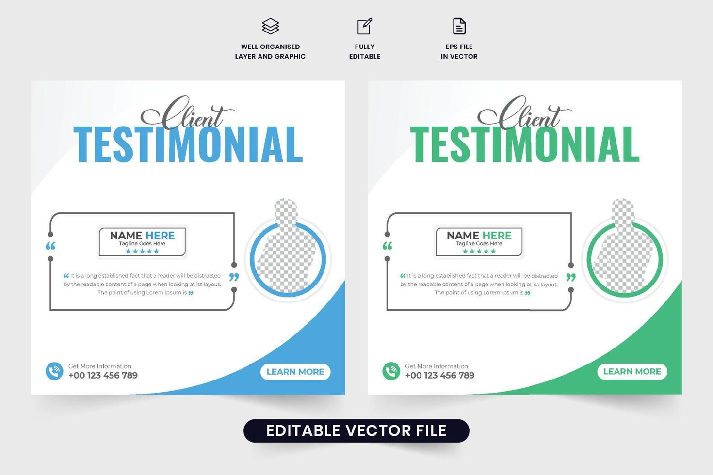 Creative company testimonial design with abstract shapes and quote sections. Customer service review and comment layout design for websites. Client feedback template vector with photo placeholders.