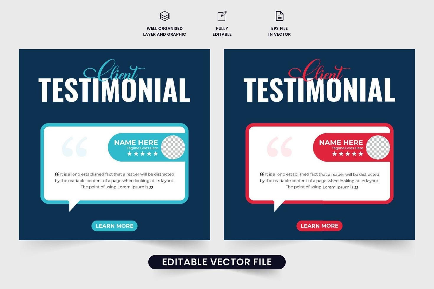 Creative client testimonial template design on a dark background. Customer service feedback and comment section design for social media marketing. Client review and rating layout vector for websites.