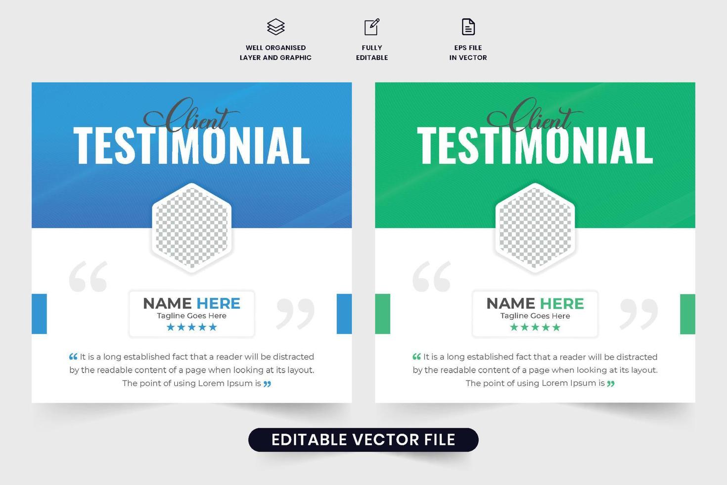 Business client review testimonial with quote section. Customer feedback review or testimonial template. Customer service feedback and work review layout. Client testimonials with photo placeholders. vector