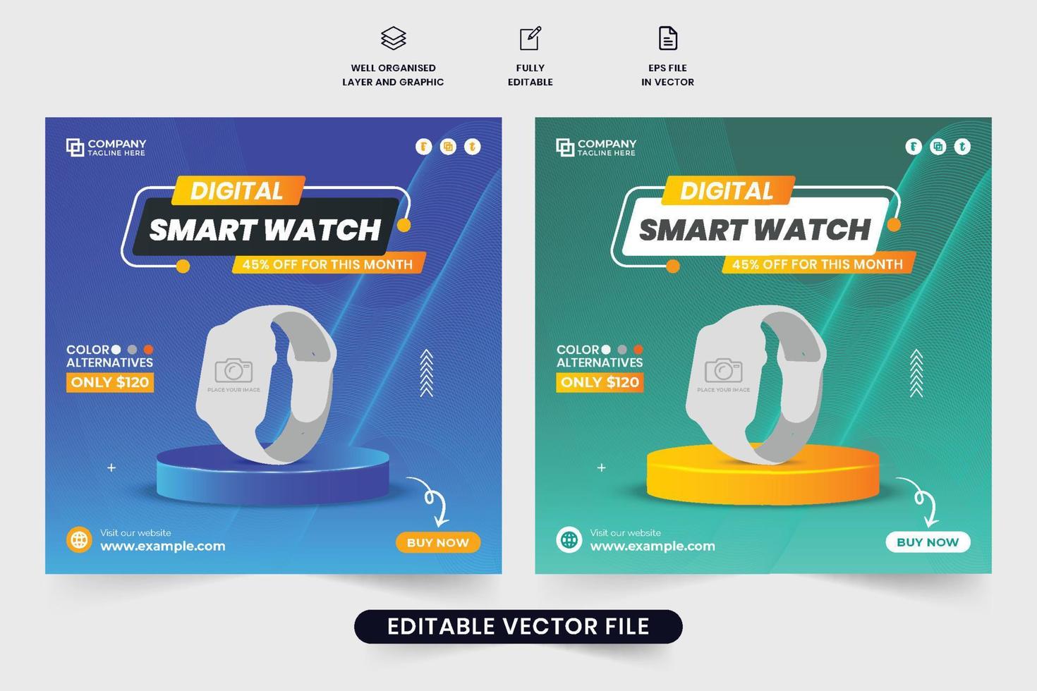 plantilla de banner web promocional de negocios de reloj moderno con formas creativas. diseño de afiches publicitarios de smartwatch con colores azul y amarillo. ver venta de vectores de publicaciones en redes sociales para marketing.