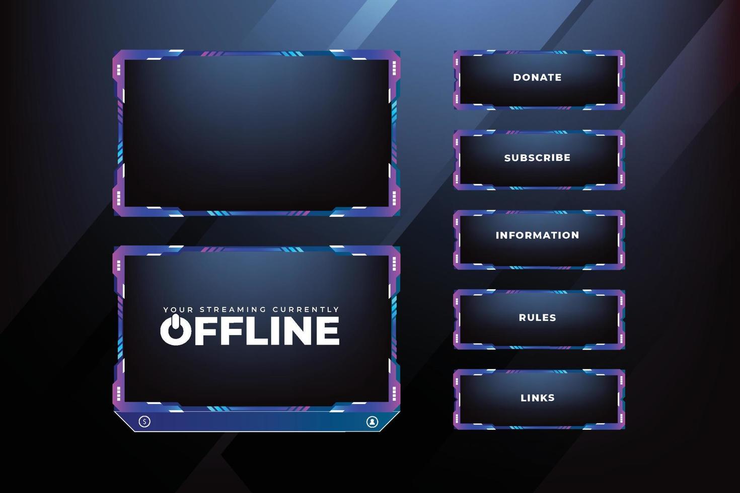 Metallic gaming overlay panel vector with abstract shapes. Simple futuristic gaming screen panel design with pink and blue colors. Online game streaming overlay and user interface design.