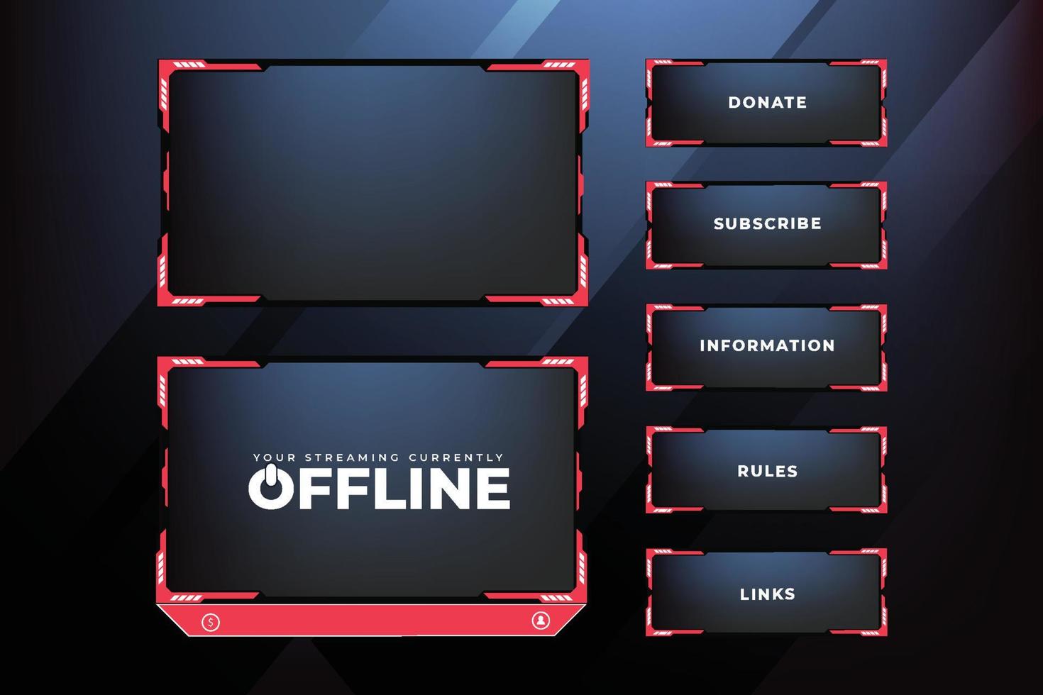 Live streaming overlay design with abstract shapes. Futuristic gaming overlay and broadcast border vector on a dark background. Modern gaming overlay and online screen panel design with red color.