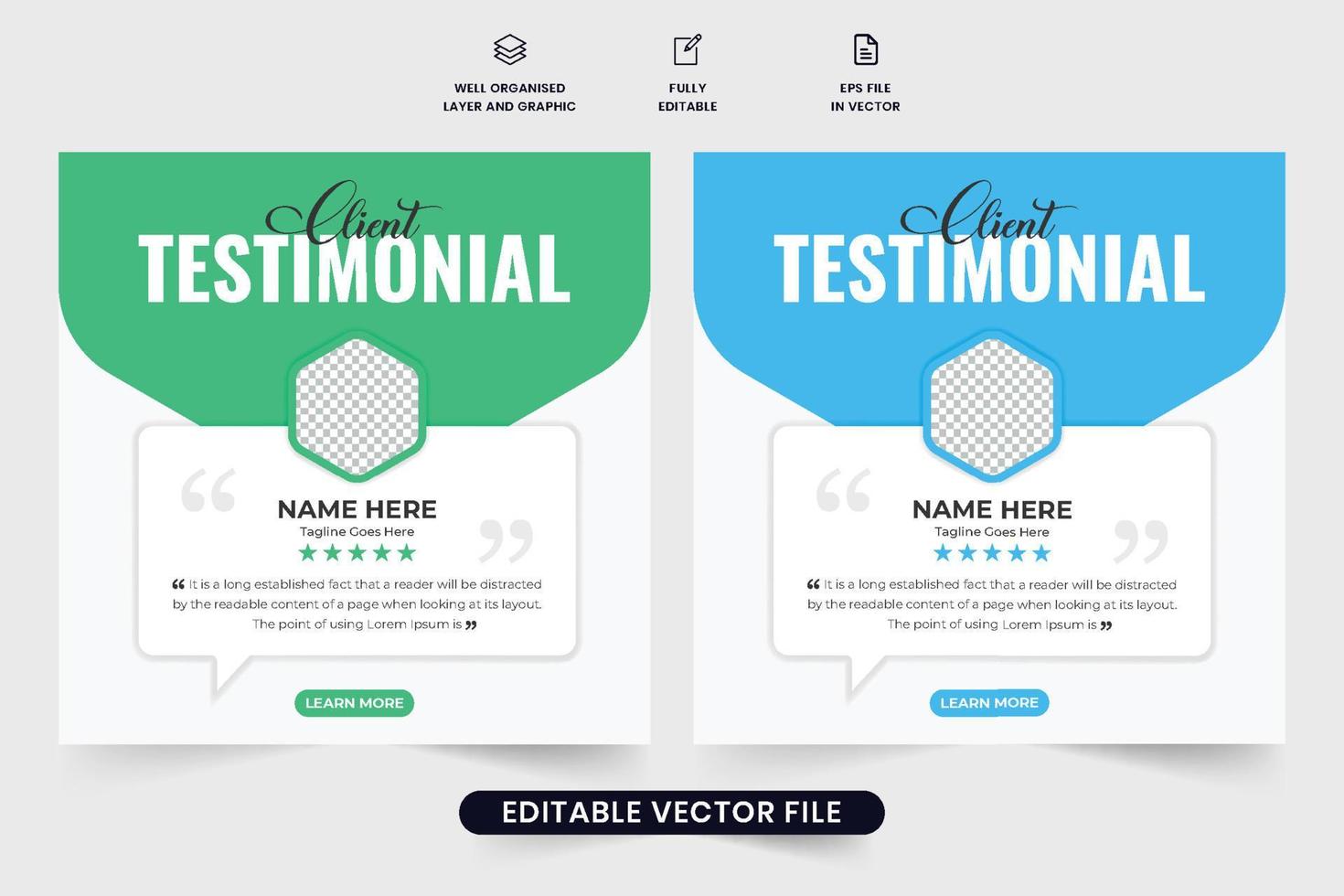 Testimonio de cliente y diseño de plantilla de revisión de servicio para marketing en redes sociales. diseño de diseño de comentarios de servicio al cliente con sección de cotización y calificación. vector de plantilla de promoción de empresa y negocio.