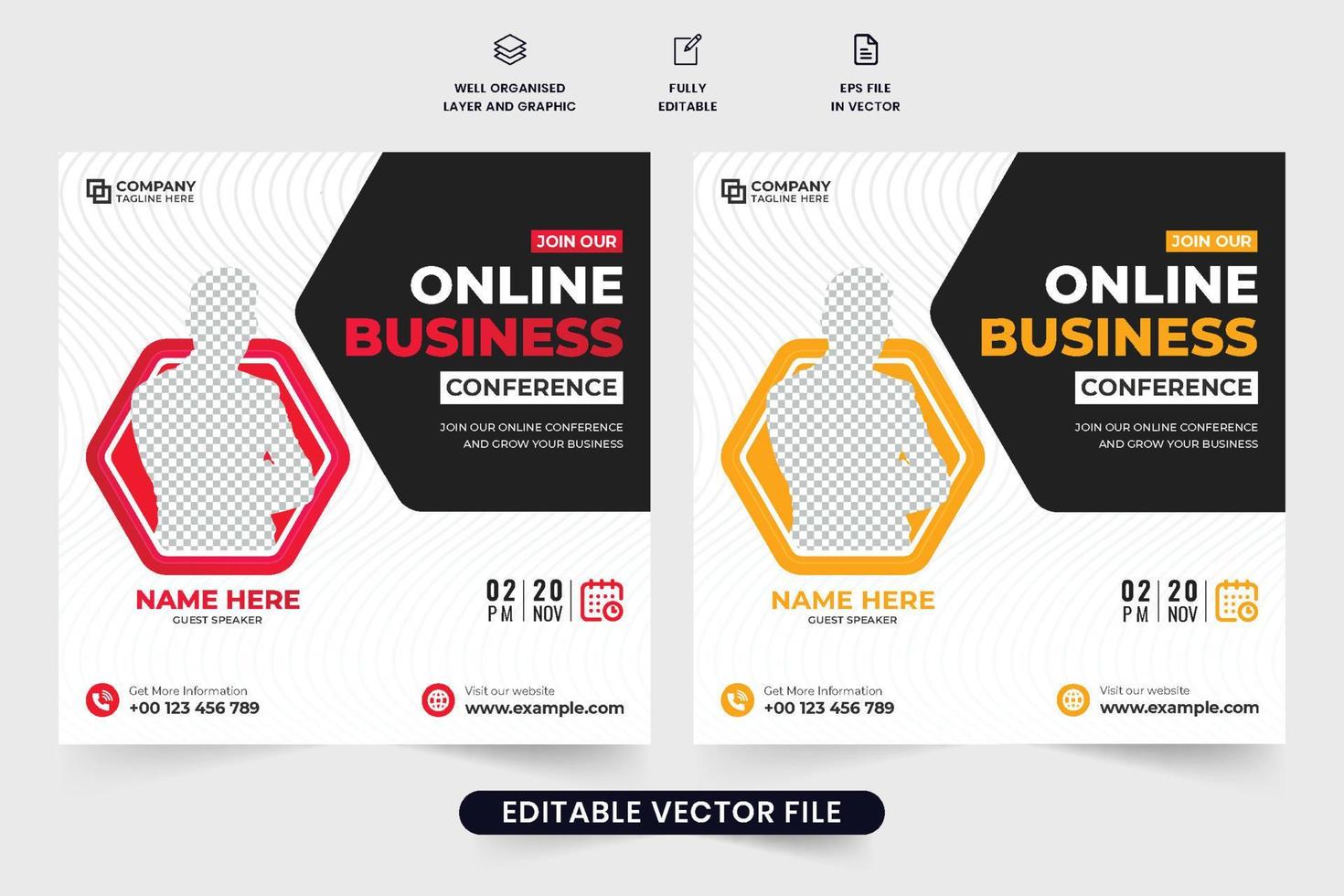 Business conference webinar template design with red and yellow colors. Business promotional webinar social media post vector. Online conference and webinar invitation poster design for marketing. vector