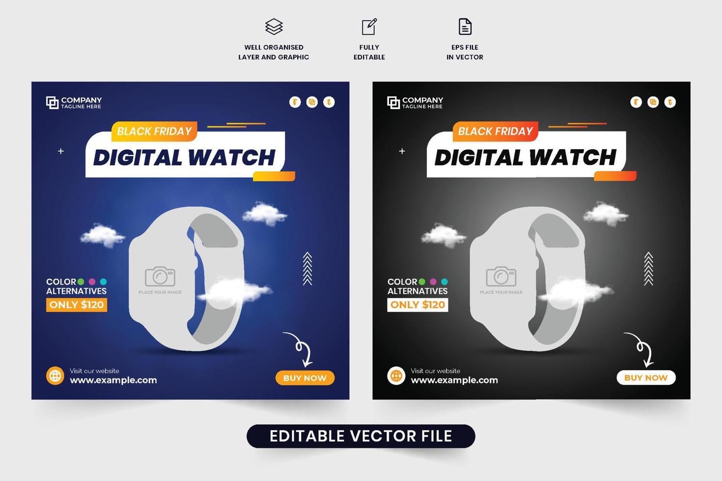 Digital watch Black Friday sale social media post template with blue and dark colors. Wristwatch business promotional web banner design. Smartwatch sale poster vector for social media marketing.