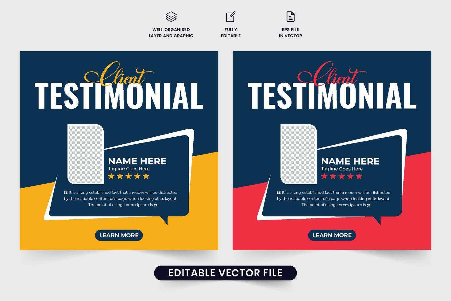 Modern client testimonial layout vector with yellow and red colors on dark backgrounds. Customer satisfaction and comment section design for websites. Business client feedback and review template.