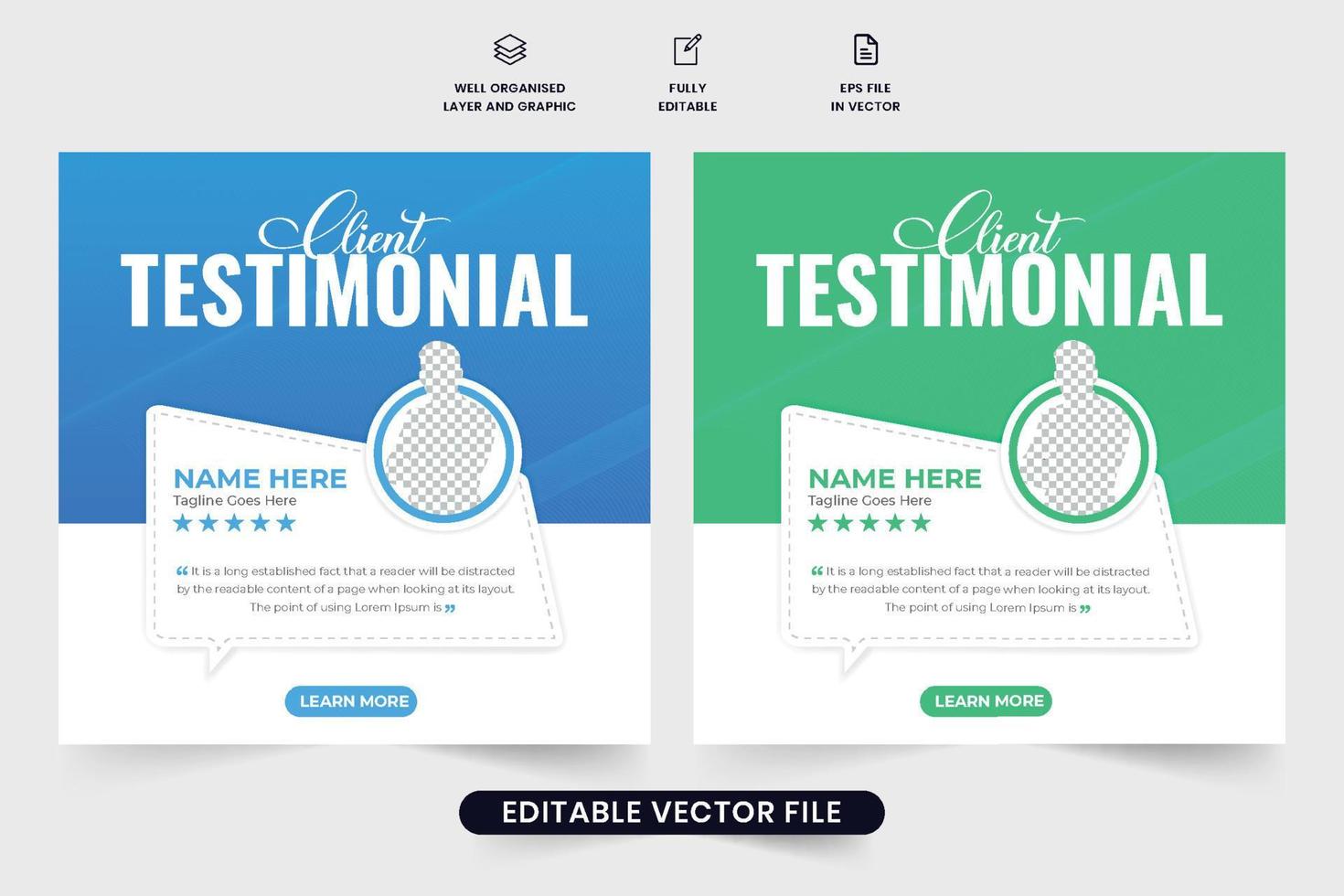 testimonios de clientes vector de plantilla testimonial con colores azul y verde. diseño de plantilla de comentarios de clientes con calificaciones de estrellas. revisión de comentarios de los clientes o vector de diseño testimonial.